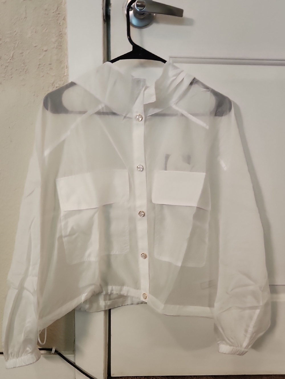 Sheer White Hooded Utility Jacket with Front Pockets